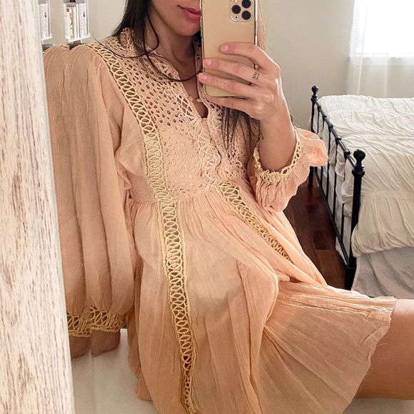 Karma Lace Flowy Button Down Puff Sleeve Boho Peasant Hipster Hippie Chic Dress - Picture 1 of 4